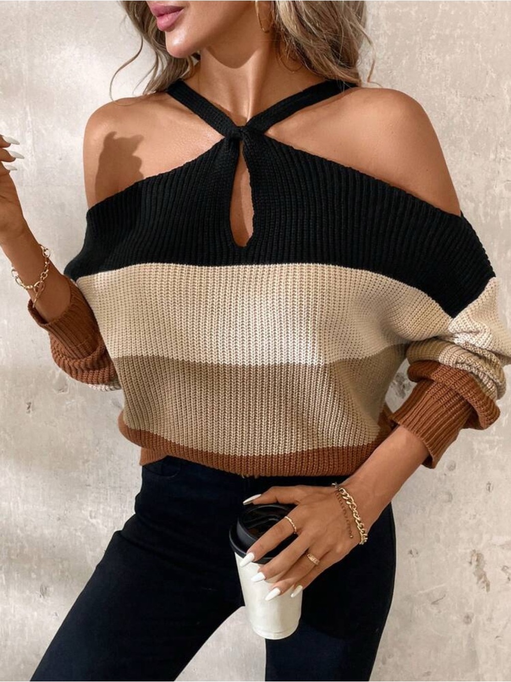 Classy Casual Striped Color Block Off The Shoulder Women’s Sweater Medium